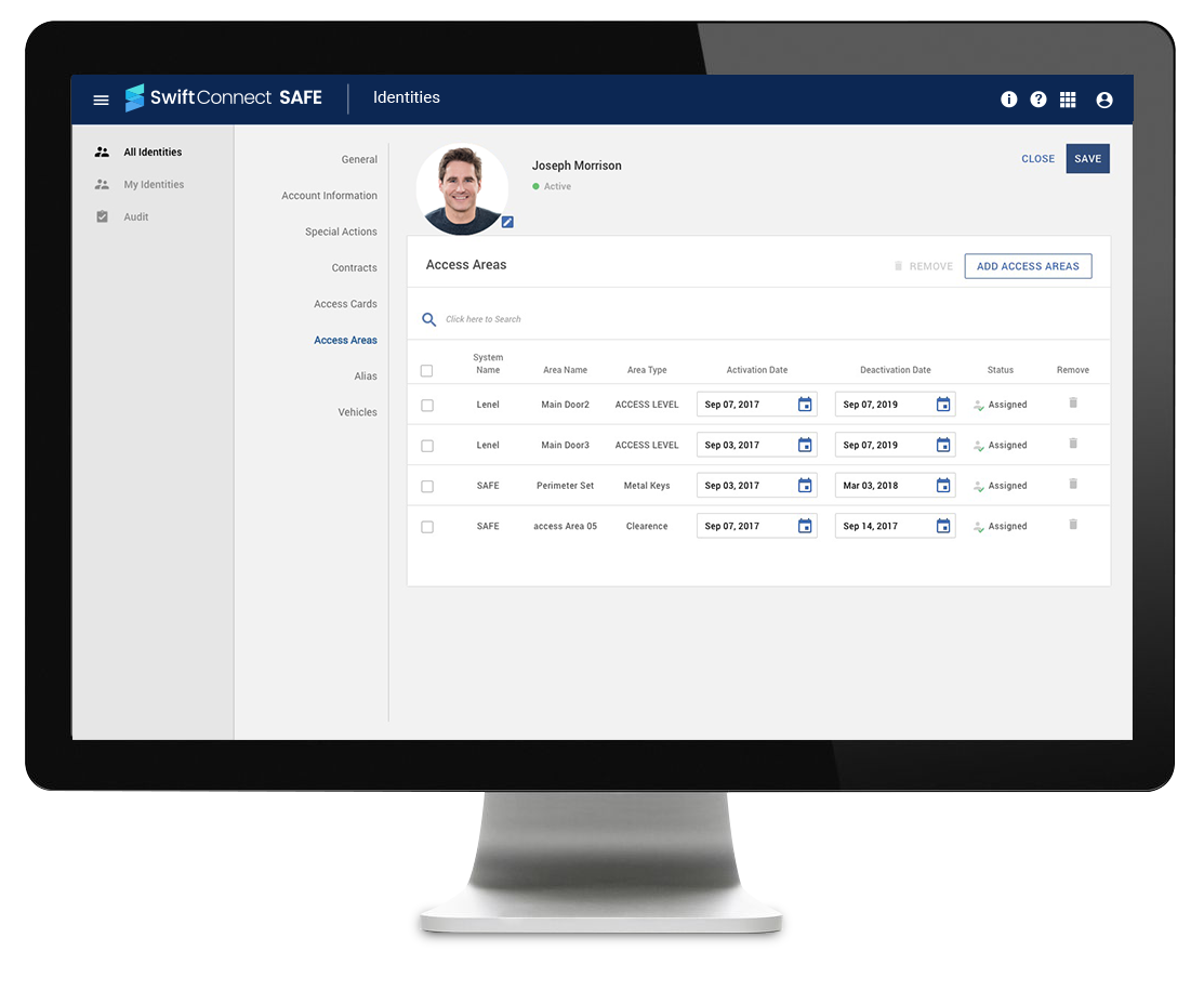 SwiftConnect SAFE Identities screen showing a person’s assigned access areas